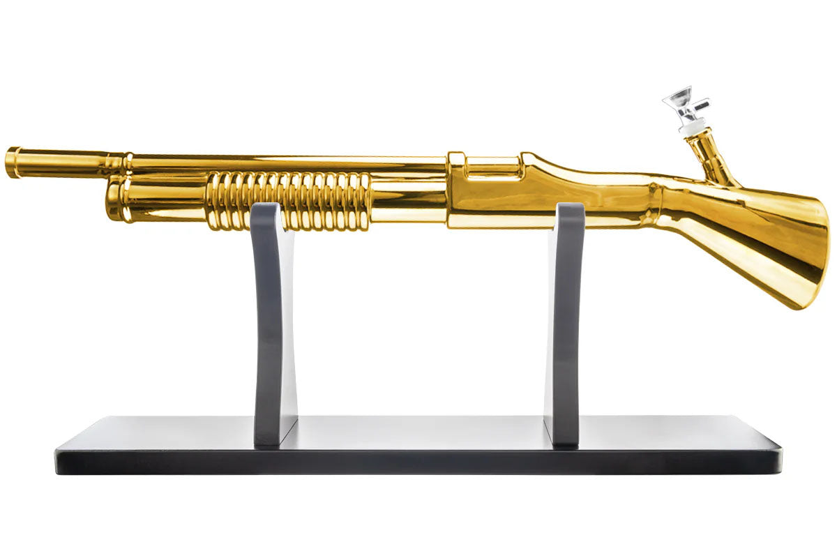 Elevate Your Smoking Experience with the 26" Gold Shotgun Bong w/ Wooden Stand