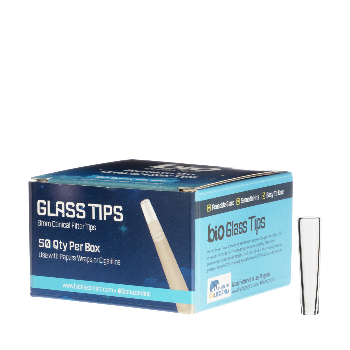 BIO Glass USA Glass Tips - 8mm 'Conical Filter Tips' - 50 Count - Biohazard Inc