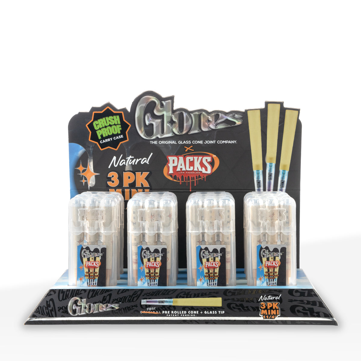 Glones x Packs Pre-Rolled 1¼ Size 3-Pack Cones w/ Glass Tip - 12 Count
