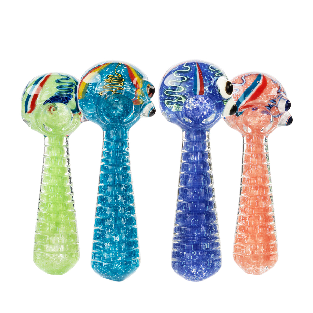 4” Classic Glass Spoon Heavy Frit w/ Dichro Hand Pipe - Assorted Colors - High Life Goods - Mint Lime Green - Cyan Blue - Indigo Blue - Coral Pink