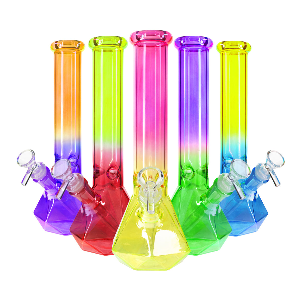 10" 4mm Hexagon Base Beaker Waterpipe - Assorted Colors - High Life Goods - Group Photo - Hot Pink / Yellow, Lime Green / Ruby Red, Tangerine Orange / Royal Purple, Royal Purple / Emerald Green, Electric Yellow / Cyan Blue